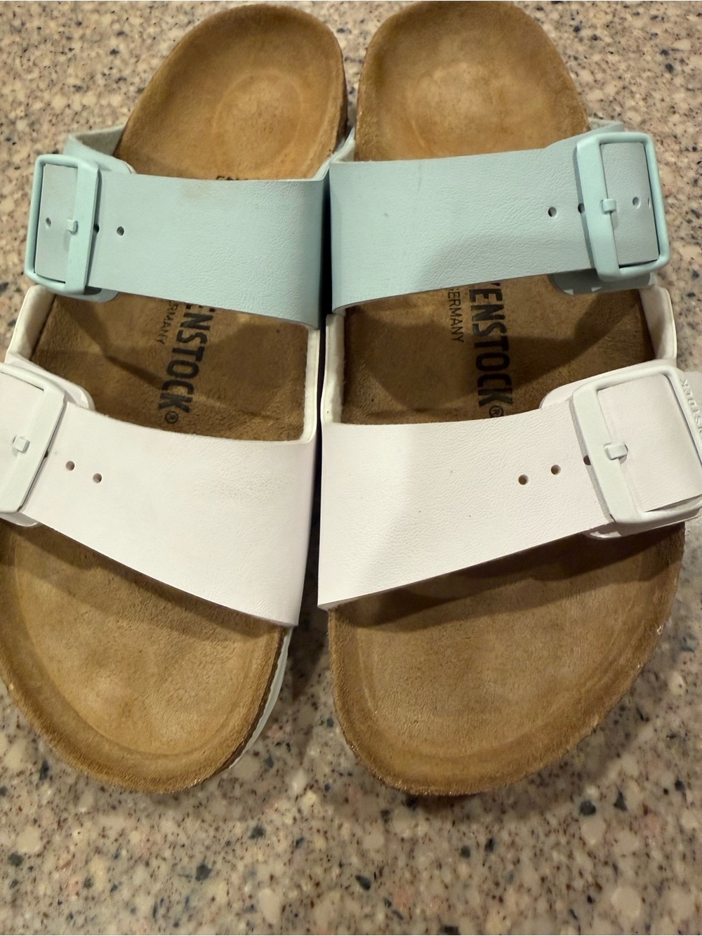 Birkenstock Two-Strap Slides in Mint and White